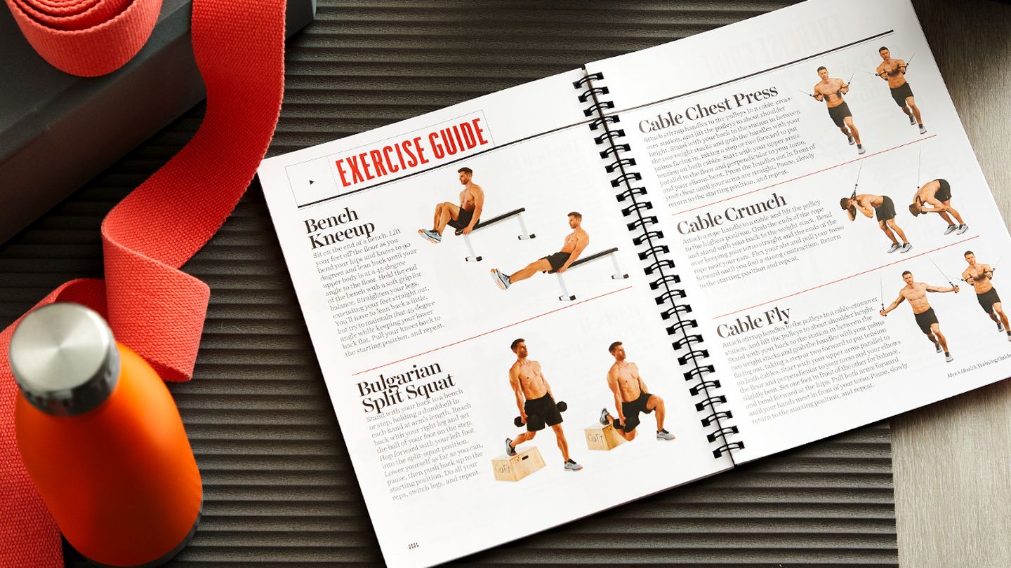 inside spread showing exercises from Men's Health Muscle After 40 guide